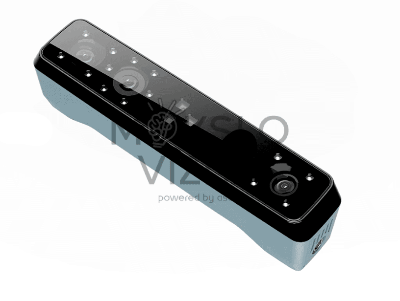 Nešiojamas 3D skeneris su keliomis kameromis ir LED apšvietimu ant juodo korpuso.