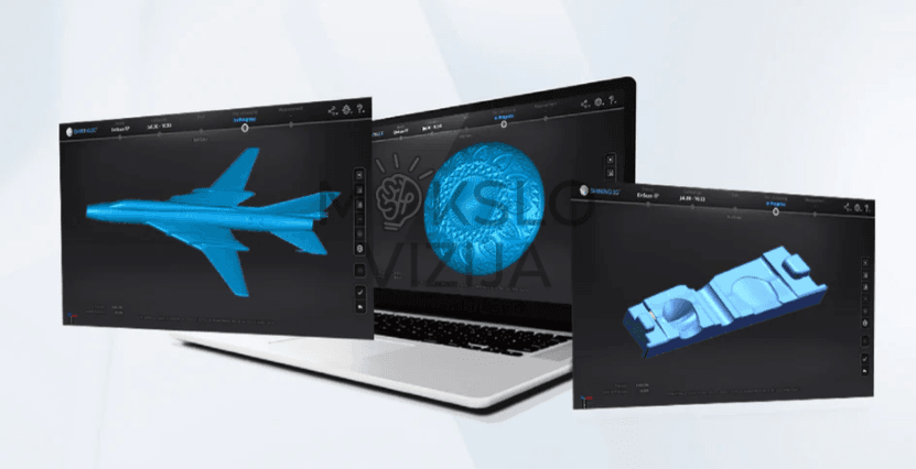 Kompiuterio ekranas su 3D skenavimo programine įranga ir kelių nuskenuotų objektų modelių peržiūra.