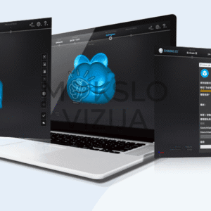 Kompiuterio ekranas su 3D skenavimo programine įranga ir kelių nuskenuotų objektų peržiūra.