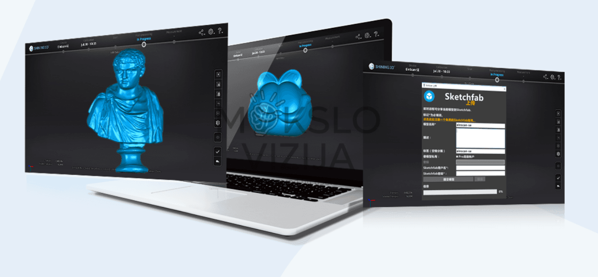 Kompiuterio ekranas su 3D skenavimo programine įranga ir kelių nuskenuotų objektų peržiūra.