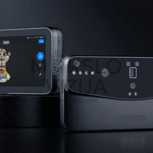 Einstar Vega 3D skeneris pavaizduotas iš priekio ir iš šono, matomas integruotas ekranas su 3D skenavimo vaizdu ir priekiniai jutikliai bei apšvietimo elementai.