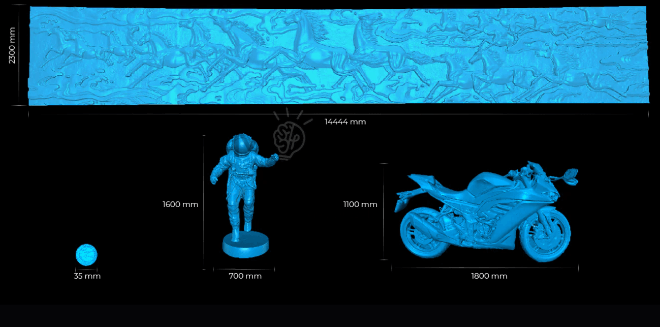 Grafikas su Einstar Vega 3D skenavimo pavyzdžiais, kuriame pavaizduoti skenuojami objektai ir jų matmenys milimetrais, įskaitant mažą detalę, astronauto figūrą, motociklą ir didelį reljefinį paviršių.