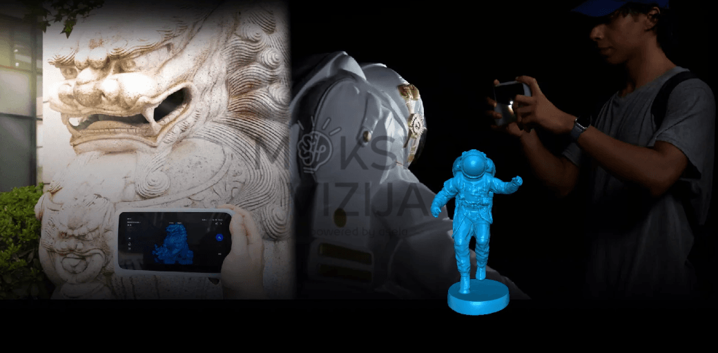 Einstar Vega 3D skenerio naudojimo scenos, kuriose žmogus skenuoja skulptūrą lauke, skenuojamas didelis objektas ir rodomas astronauto figūros 3D modelis.