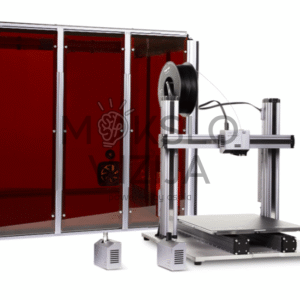 Snapmaker 2.0 A350 3D spausdintuvas su dideliu apsauginiu korpusu su tamsintomis panelėmis, matomas spausdinimo modulis, kaitinama platforma ir gijos ritė.