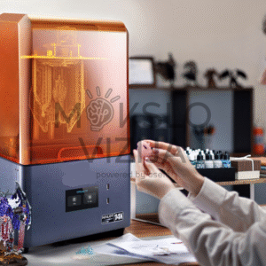 Creality HALOT-MAGE S 14K dervos 3D spausdintuvas su oranžiniu apsauginiu dangčiu, pastatytas ant stalo, šalia žmogus laiko mažą atspausdintą detalę rankose.