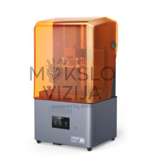 Creality HALOT-MAGE 8K dervos 3D spausdintuvas su oranžiniu apsauginiu dangčiu ir pilkos spalvos korpusu, pavaizduotas baltame fone.