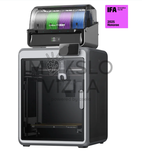 Creality K2 Combo uždaras 3D spausdintuvas su daugiaspalvių gijų moduliu viršuje, matomas ekranas ir spausdinimo kamera, baltame fone.