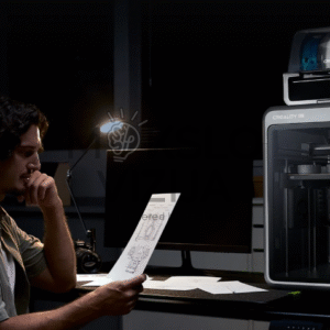 Žmogus sėdi prie darbo stalo ir laiko brėžinį, šalia stovi Creality K2 Combo 3D spausdintuvas su daugiaspalviu gijų moduliu ir apšviesta darbo zona.