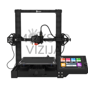 BIQU BX 3D spausdintuvas pavaizduotas baltame fone, matomas rėmas, spausdinimo platforma, ekstruderis ir šone esantis spalvotas valdymo ekranas.