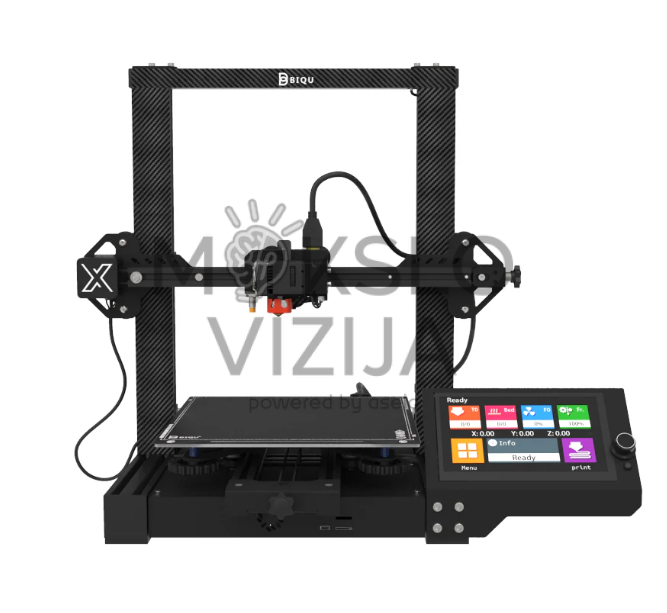 BIQU BX 3D spausdintuvas pavaizduotas baltame fone, matomas rėmas, spausdinimo platforma, ekstruderis ir šone esantis spalvotas valdymo ekranas.