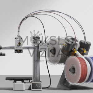 Kompaktiškas 3D spausdintuvas su prijungta daugiaspalvės gijos sistema, matomos keturios gijų ritės ir keli vamzdeliai, tiekiantys filamentą į ekstruderį.