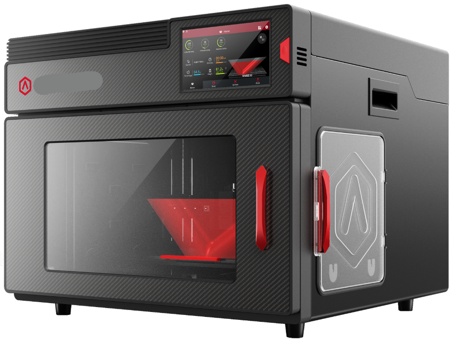 Uždaro korpuso 3D spausdintuvas su priekiniu stiklo langu, šoninėmis durelėmis ir viršuje įmontuotu liečiamu valdymo ekranu.