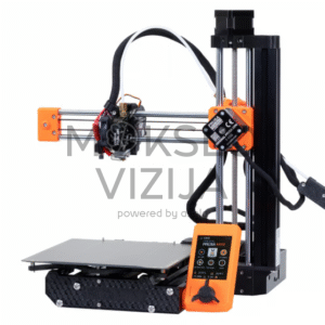 Kompaktiškas 3D spausdintuvas su atvira konstrukcija, metaliniu rėmu, oranžiniais komponentais ir priekyje įmontuotu valdymo ekranu.