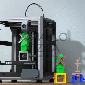 Uždaro tipo 3D spausdintuvas ant stalo su atspausdintais spalvotais modeliais šalia, matomas spausdinamas objektas spausdinimo kameroje.