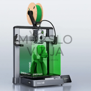 Uždaro tipo 3D spausdintuvas su viršuje įmontuotu filamento ritiniu, žaliu atspausdintu objektu ir pažymėtu 260 x 260 x 300 mm spausdinimo tūriu.