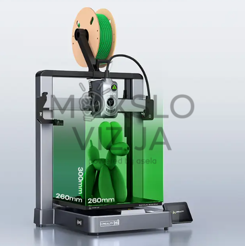 Uždaro tipo 3D spausdintuvas su viršuje įmontuotu filamento ritiniu, žaliu atspausdintu objektu ir pažymėtu 260 x 260 x 300 mm spausdinimo tūriu.