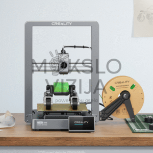 Atviro tipo 3D spausdintuvas su metaliniu rėmu, spausdinimo galvute centre ir gijos rite šalia ant darbo stalo.