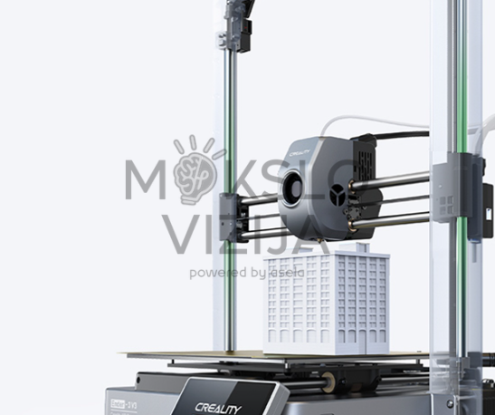 3D spausdintuvas spausdinantis baltą architektūrinį modelį, matoma spausdinimo galvutė ir vertikalios kreipiančiosios.