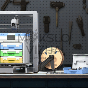 FDM tipo 3D spausdintuvas su metaliniu rėmu, dideliu spausdinimo tūriu, šalia padėta plastiko gijos ritė ir atspausdintos detalės ant darbo stalo dirbtuvėse.