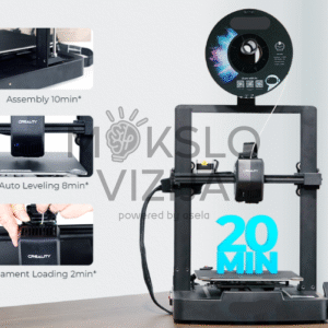 3D spausdintuvas su informacinėmis piktogramomis, rodančiomis surinkimo, automatinio lyginimo ir filamento įkėlimo etapus.