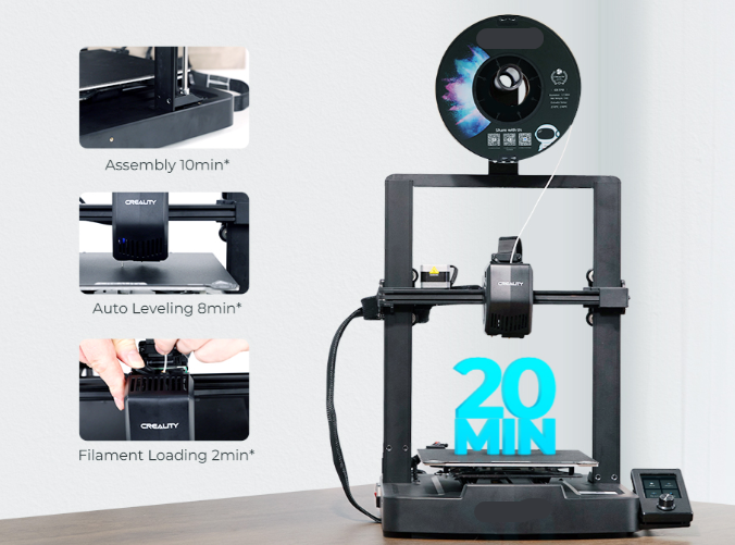 3D spausdintuvas su informacinėmis piktogramomis, rodančiomis surinkimo, automatinio lyginimo ir filamento įkėlimo etapus.