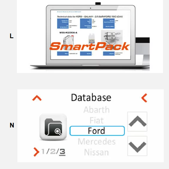 Automatinės transmisijos skysčio keitimo įrangos ekranas su rodomais skysčio kiekiais ir pasirinkimo mygtukais.