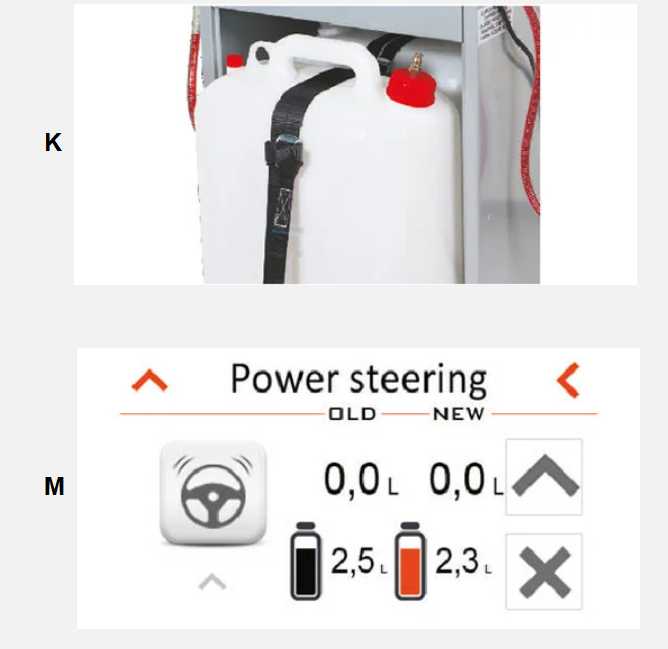 Automatinės transmisijos aptarnavimo įrangos viduje esantys plastikiniai skysčio konteineriai su žarnomis.