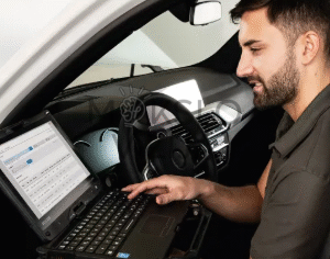 Mechanikas automobilyje dirba su diagnostikos kompiuteriu, atliekamas ADAS sistemų testavimas ir kalibravimo procedūros.