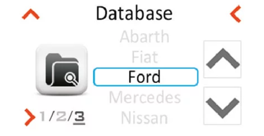 Automatinės pavarų dėžės aptarnavimo įrangos duomenų bazės pasirinkimo ekranas
