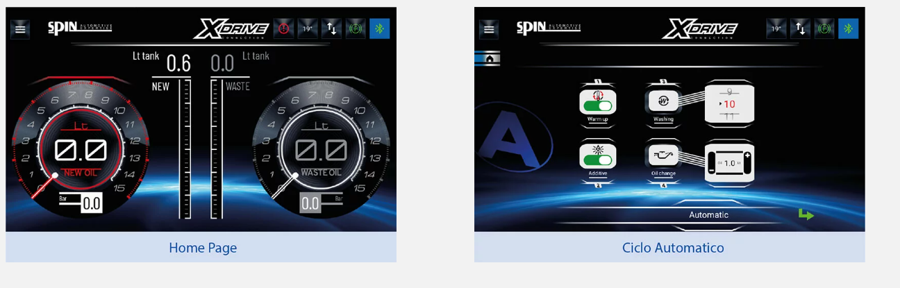 Jutiklinio ekrano programinė sąsaja su alyvos rodmenimis ir transmisijos aptarnavimo meniu.