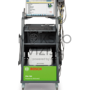 Bosch FSA 740 su KTS 560 automobilinių sistemų analizatorius su monitoriumi, klaviatūra ir integruotu spausdintuvu ant ratukų.