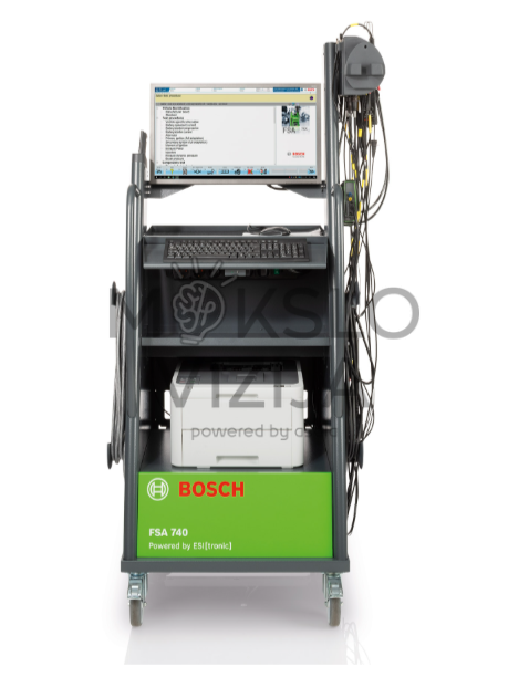 Bosch FSA 740 su KTS 560 automobilinių sistemų analizatorius su monitoriumi, klaviatūra ir integruotu spausdintuvu ant ratukų.