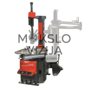 Automatinės padangų montavimo staklės su savaime centruojamu sukamąja platforma, pneumatiniu montavimo stovu ir šonine pagalbine ranka.