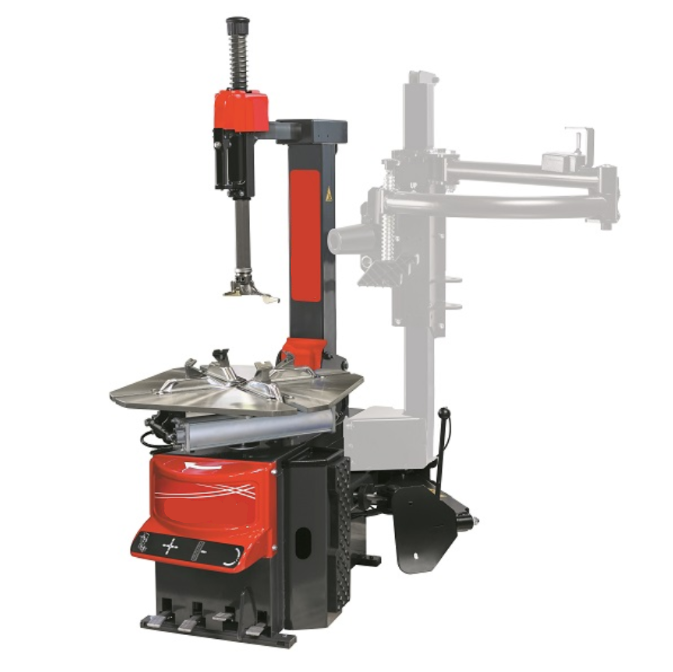 Automatinės padangų montavimo staklės su savaime centruojamu sukamąja platforma, pneumatiniu montavimo stovu ir šonine pagalbine ranka.