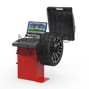 FASEP ratų balansavimo staklės su integruotu skaitmeniniu ekranu ir pritvirtintu automobilių ratu balansavimo matavimui.