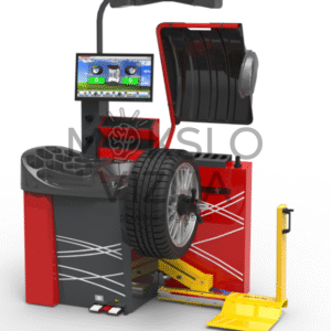 Ratų balansavimo staklės su skaitmeniniu valdymo ekranu, apsauginiu gaubtu, apšvietimu ir pritvirtintu lengvojo automobilio ratu.