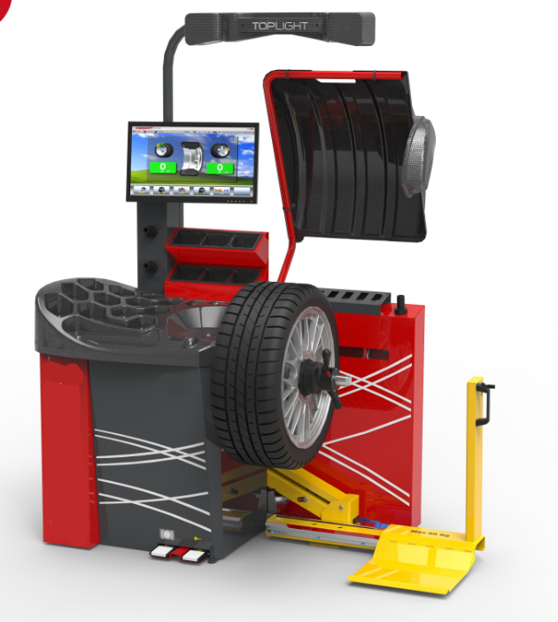 Ratų balansavimo staklės su skaitmeniniu valdymo ekranu, apsauginiu gaubtu, apšvietimu ir pritvirtintu lengvojo automobilio ratu.