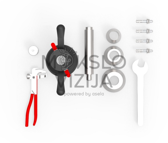 Ratų balansavimo staklių priedai ir įrankiai, įskaitant kūgius, veržles, tvirtinimo rankeną ir raktą.