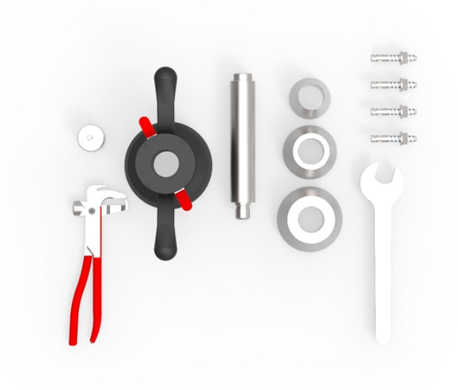 Ratų balansavimo staklių priedai ir įrankiai, įskaitant kūgius, veržles, tvirtinimo rankeną ir raktą.