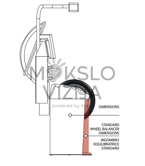Ratų balansavimo staklių techninė schema su pažymėtais standartiniais matmenimis ir darbo zonos užimamumu.