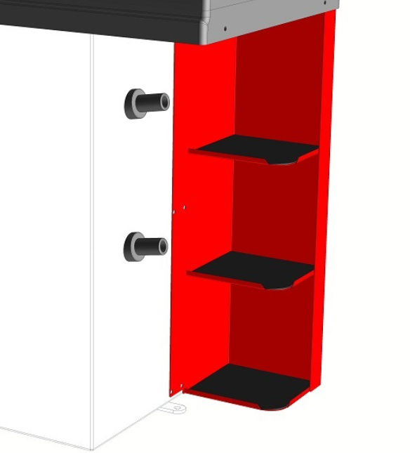 Ratų balansavimo staklių šoninė lentynų sistema su keliomis laikymo pakopomis svoriams ir įrankiams.
