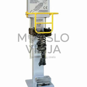 Pneumatinis spyruoklių suspaudimo presas su apsauginiu rėmu ir amortizatoriaus spyruokle, skirtas pakabos remontui.