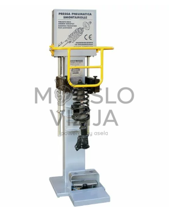 Pneumatinis spyruoklių suspaudimo presas su apsauginiu rėmu ir amortizatoriaus spyruokle, skirtas pakabos remontui.