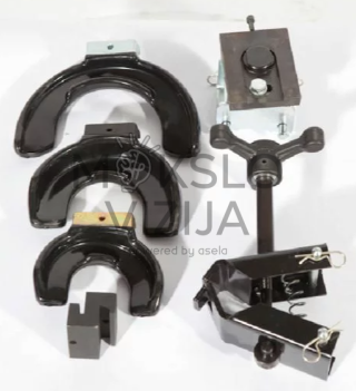 Spyruoklių preso priedai ir laikikliai su spaustuvais bei tvirtinimo detalėmis amortizatorių ir pakabos spyruoklių suspaudimui.