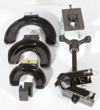 Spyruoklių preso priedai ir laikikliai su spaustuvais bei tvirtinimo detalėmis amortizatorių ir pakabos spyruoklių suspaudimui.