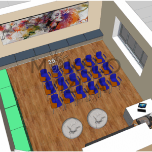 brėžinyje pavaizduotas mūsų pačių sukurtas STEAM edukacinės erdvės sprendimas, pritaikytas integruotam gamtos mokslų, technologijų, inžinerijos, menų ir matematikos ugdymui