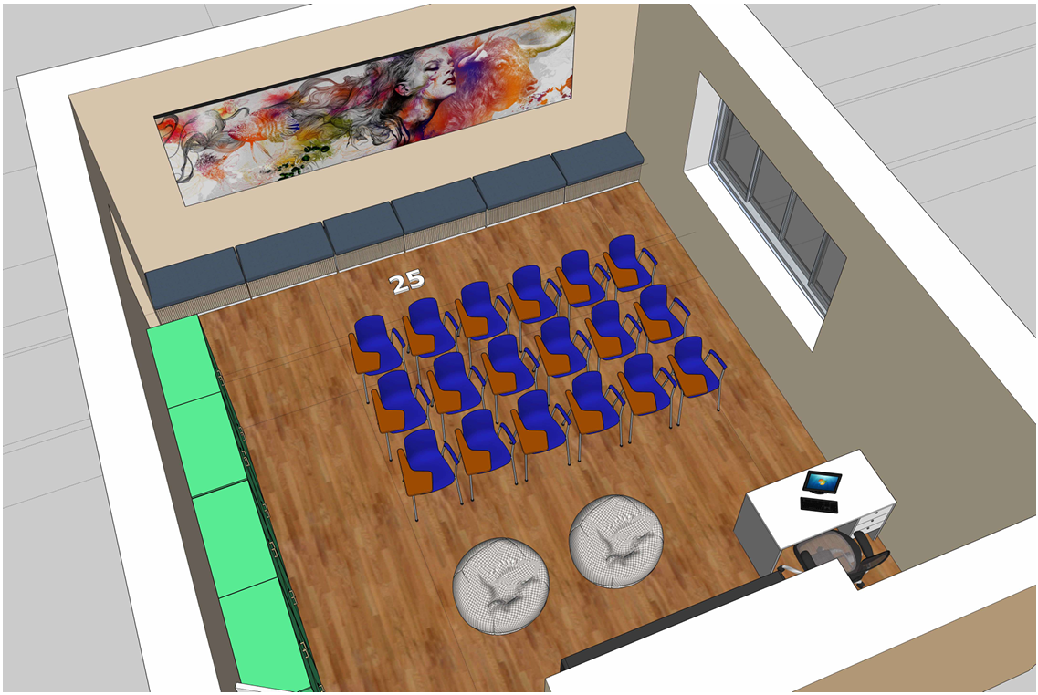 brėžinyje pavaizduotas mūsų pačių sukurtas STEAM edukacinės erdvės sprendimas, pritaikytas integruotam gamtos mokslų, technologijų, inžinerijos, menų ir matematikos ugdymui