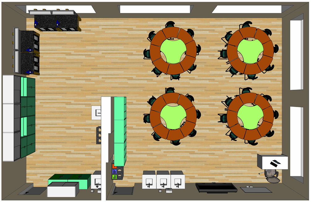 suprojektuotas gamtos mokslų kabineto sprendimas, skirtas integruotam biologijos, chemijos, fizikos ir aplinkotyros ugdymui