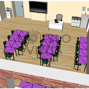 brėžinyje pavaizduotas mūsų pačių suprojektuotas STEAM kompiuterių klasės sprendimas, skirtas technologijų, informatikos, programavimo, inžinerinių ir kūrybinių skaitmeninių veiklų ugdymu