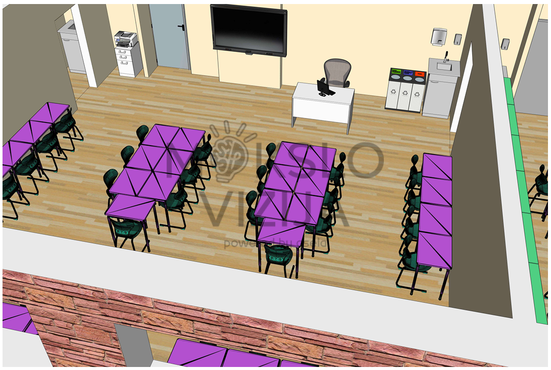 brėžinyje pavaizduotas mūsų pačių suprojektuotas STEAM kompiuterių klasės sprendimas, skirtas technologijų, informatikos, programavimo, inžinerinių ir kūrybinių skaitmeninių veiklų ugdymu